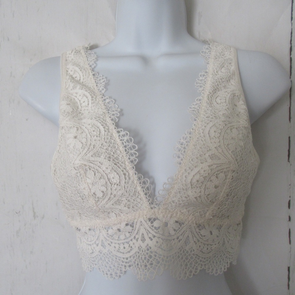 Victorias Secret Bra Bralette S Small Cream Lace Longline Wireless Wire Free‎